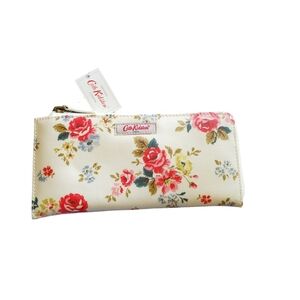 Cath Kidston Slim Long Wallet Field Rose Warm Stone Half Zip Around Clutch NEW